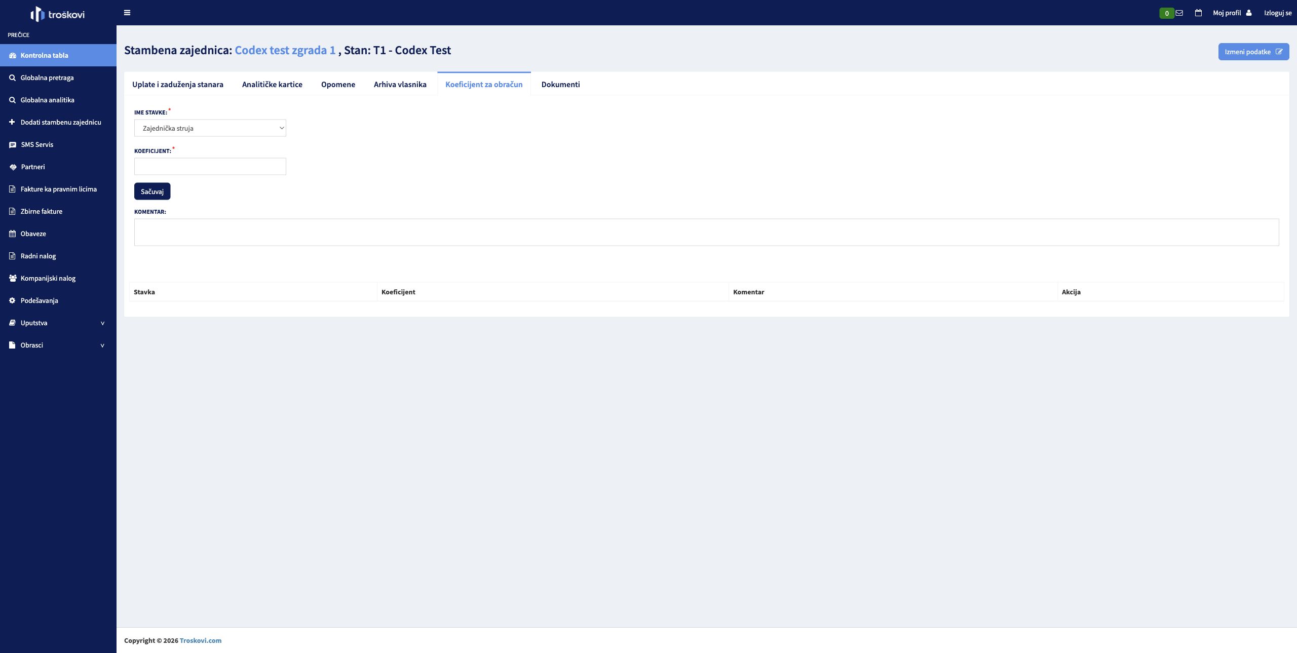 Kartica Koeficijent za obračun na test stanu sa izborom stavke, poljem za koeficijent i komentarom.