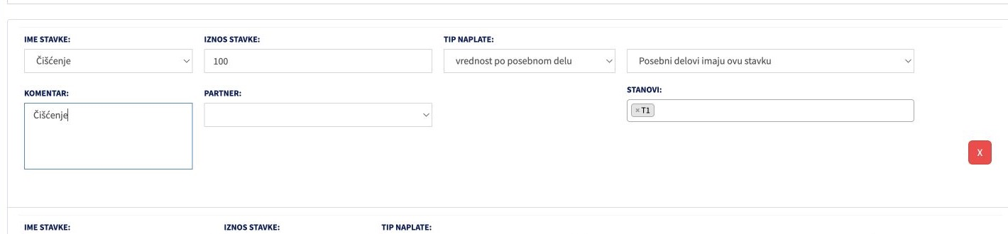 Red stavke računa sa izabranom stavkom Čišćenje i prikazanim poljem Partner.