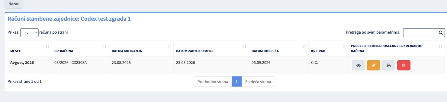 Lista računa stambene zajednice sa mesecom, brojem računa i akcijama uz poslednji kreirani račun.